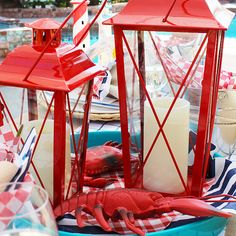 lobsters and candles are displayed on the table