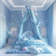 a bedroom decorated in blue and white with a canopy bed, chandelier and pillows