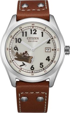 Mickey Aviator Ivory Dial Leather Strap BV1088-08W | CITIZEN Brown Band Watch, Military Style Watches, Eco Drive Watches, Brown Leather Strap Watch, Disney Watches, Vintage Airplane, Brown Watches, Aviator Watch, Citizen Watch