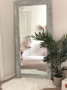 a mirror sitting on top of a white rug next to a potted palm tree