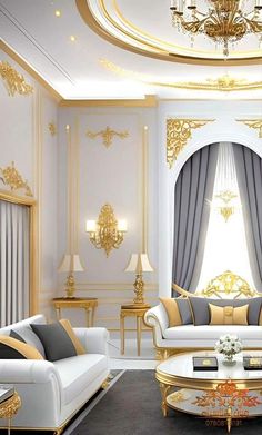 a living room filled with white couches and gold trimmings on the walls