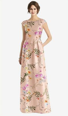 Cap Sleeve Pleated Skirt Floral Satin Bridesmaid Dress With Pockets In Butterfly Botanica Pink Sand | The Dessy Group Long Floral Gown, Patterned Bridesmaid, Floral Satin Dress, Mob Dress, Classy Feminine, Mother Dress, Satin Bridesmaid Dress, Twill Dress, Pittsburgh Weddings