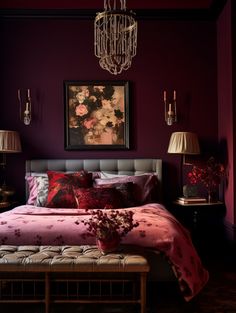 a bedroom with purple walls and a chandelier hanging from the ceiling above it