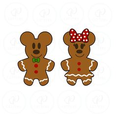 two brown teddy bears with bows and polka dots on their ears, one is wearing a ginger