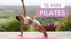 a woman is doing yoga on a pink mat with the words 15 min pilates