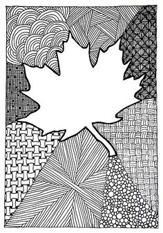 a black and white drawing of a maple leaf on woven fabric, with other patterns in the background