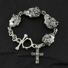 Mexican sterling silver sugar skull bracelet Dope Jewelry, Skull Bracelet, Mexican Culture, Cross Bracelet, Cross Charms, Dream Jewelry, Antique Finish, Sugar Skull, Silver Bracelets