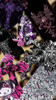 an assortment of different designs and colors on a black, white, pink, and purple background