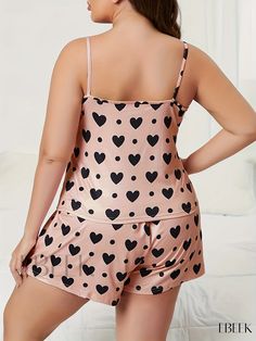 Ebeek - Womens Plus Size Adorable Pajama Set: Heart and Polka Dot Print Cami Top with Eyelash Letter Design, paired with Elastic Waist Shorts for Comfortable Lounging - Two Piece Set Pink Sleepwear For Valentine's Day, Pink Valentine's Day Sleepwear, Cute Heart Print Sleepwear For Loungewear, Cute Heart Print Sleepwear For Pajama Party, Cute Heart Print Sleepwear, Valentine's Day Heart Print Sleepwear, Cute Heart Print Loungewear Sets, Pink Sleepwear For Valentine's Day Pajama Party, Cute Loungewear Sets With Heart Print