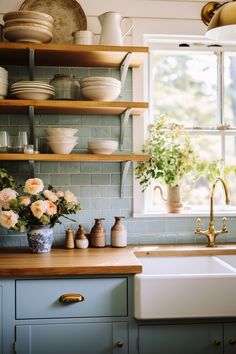 a kitchen filled with lots of counter top space next to a white stove top oven