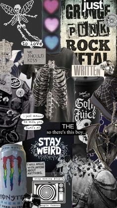 a collage of various images with words and pictures on them in black and white