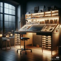 a desk with lots of drawers and lights on it in front of a large window