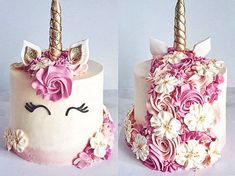 two cakes decorated with flowers and unicorn heads