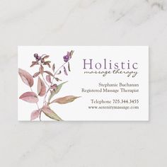 a business card with watercolor flowers and leaves on the front, in white marble