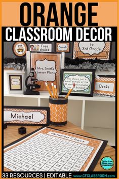 an orange classroom decor with pictures and words