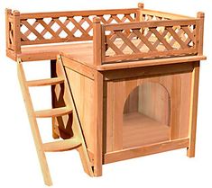 a wooden dog house with a ladder to the top and below it's bed