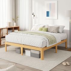 a bed sitting on top of a white rug in a bedroom