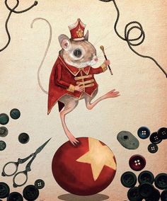 a painting of a mouse on top of a ball with buttons and scissors around it