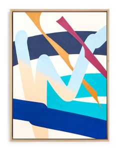 an abstract painting with blue, orange and pink colors on it's surface is framed in wood