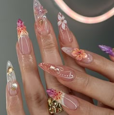 Floral 3d Nails, Spring 3d Nails, Almond Neutral Nails Designs, Spring Nails 3d Flowers, Flower Theme Nails, Spring Almond Nails 2024, Almond 3d Nails, Gel Flower Nail Designs, 3d Gel Flower Nails