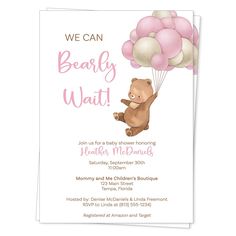 a baby shower card with a teddy bear holding balloons