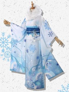 Japanese Haori Outfit, Light Blue Kimono Traditional, Haori References, Blue Kimono Traditional, New Years Kimono, Snowflake Kimono, Cute Haori, Snow Kimono, Oiran Kimono