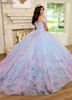 Make your special day sparkle in this 3D floral applique long off the shoulder dress with A-line skirt by Rachel Allan RQ2190. Complete your fairytale look with this beautiful tulle ballgown featuring an off-the-shoulder neckline, adorned with applique and beading. The accompanying satin gloves will add just the right touch of charm for a magical evening. Perfect for little princesses everywhere, its lace-up closure is sure to make you feel like royalty. From am to pm, command the attention you Purple Sweet 16 Dress, Fairytale Dress Princesses Ball Gowns, Beautiful Gowns Princesses, Puffy Quinceanera Dresses, Fairytale Ballgown, Lilac Quinceanera Dresses, Long Ball Gown, Quinceanera Themes Dresses, Tulle Applique