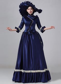 Blue Champagne Victorian Bustle Satin Dresses Historical Edwardian Ball Gown Edwardian Ball Gown, Navy Blue And Champagne, Dresses Historical