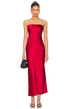 Self: 97% polyester 3% spandex, Lining: 100% polyester.  Made in China.  Hand wash.  Fully lined.  Hidden back zipper closure.  Satin finish.  .  Neckline to hem measures approx 47" in length.  .  .  .  .  .  .  .  . Silk Fitted Strapless Dress With Straight Neckline, Fitted Satin Maxi Dress With Back Zipper, Strapless Fitted Lined Maxi Dress, Fitted Strapless Lined Maxi Dress, Fitted Strapless Dress With Back Zipper For Formal Occasions, Formal Fitted Strapless Dress With Back Zipper, Wedding Guests Dress, Red Wedding Guest Dresses, Winter Wedding Guest Dress