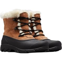 Whether cruising across snowy sidewalks or crunching down a frozen path, the Sorel Snow Angel Lace Boot will keep your foot comfortable in the wintry conditions. Sorel waterproofed the rubber outsoles and leather upper to keep your feet dry whether you're walking through town or flailing about in the snow making angels, and the rubber outsole has specially designed lugs meant to give you as much grace and poise as possible on slick, icy terrain. The fully lined fleece interior peeks out of the Leather Hiking Boots For Cold Weather With Round Toe, Winter Leather Waterproof Insulated Boots, Waterproof Snow Boots With Round Toe, Winter Insulated Leather Waterproof Boots, Waterproof Round Toe Boots For Snow, Winter Walking Boots With Synthetic Material, Winter Walking Boots, Synthetic Material, Winter Walking Boots In Synthetic Material, Winter Leather Hiking Boots With Cushioned Footbed