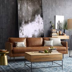 a living room with a couch, coffee table and bookshelf on the wall