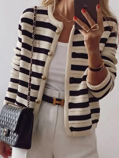 Striped Loose Casual Shawl Collar Cardigan Casual Dresses For Summer, Round Neck Cardigan, Striped Shawl, Casual Outerwear, Winter Cardigan, Old Money Style, Striped Jacket, Striped Cardigan