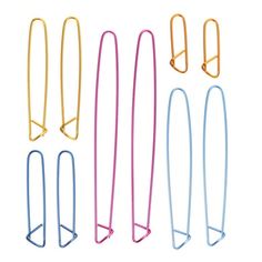 four different colored metal hangers on a white background