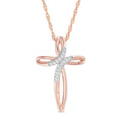 She'll adore the sophisticated look of this modern diamond cross pendant. Created in sterling silver with 14K rose gold plate, this graceful style features open looped ribbon edges. Sparkling diamonds highlight the bypass center. Radiant with 1/20 ct. t.w. of diamonds and a brilliant buffed luster, this pendant suspends along an 18.0-inch rope chain that secures with a spring-ring clasp. Elegant Rose Gold Diamond Cross Necklace, Rose Gold Sterling Silver Cross Necklace, Rose Gold Cross Pendant For Formal Occasions, Elegant Rose Gold Sterling Silver Cross Necklace, Fine Jewelry Rose Gold Cross Pendant, Rose Gold Cross Necklace With Diamond Accents, Rose Gold Cross Pendant Fine Jewelry, Rose Gold Cross Jewelry For Anniversary, Elegant Rose Gold Cross Jewelry