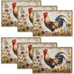 four place mats with roosters and flowers on them