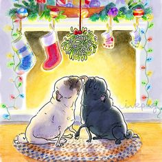 two dogs are sitting in front of a christmas tree