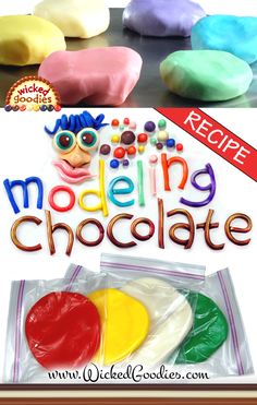 an advertisement for modeling chocolates with the words recipe in large letters and colorful shapes