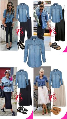 Chambray Shirt Outfits, Blue Shirt With Jeans, Denim Shirts, Fashion Capsule, Fashion Attire, Looks Chic, Fall Fashion Outfits, Mom Outfits, 50 Fashion