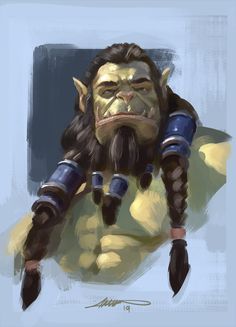 a digital painting of a troll with long hair and big horns on his head, wearing blue gloves