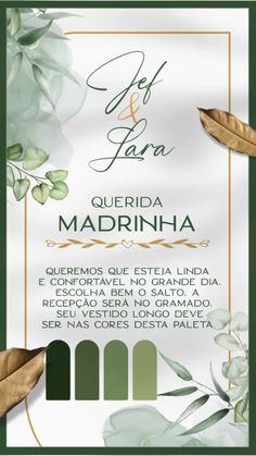 a white and green wedding card with leaves on the front, in gold lettering that reads get married querida madrinha