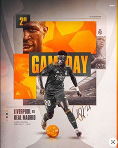 a man is kicking a soccer ball in front of an orange and black background with the words game day on it