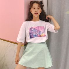 Kpop Style Short Sleeve T-shirt For Spring, Kpop Short Sleeve T-shirt For Spring, Summer School T-shirt With Character Print, Casual Pink Printed T-shirt, Pink Casual T-shirt With Graphic, Kawaii Tshirt, Statement Shirts, Medical Fashion, 90s Fashion Men