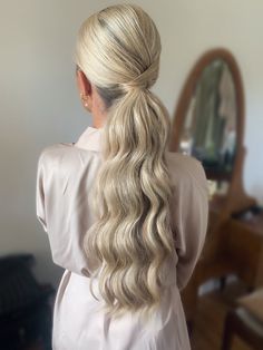 Bridal Pony With Pearls, Bridal Hair Pony, Hollywood Waves Ponytail, Chic Bridal Hair, Boho Ponytail, Bridesmaid Ponytail, Wave Ponytail, Bridal Ponytail, Bridesmaid Hairstyle