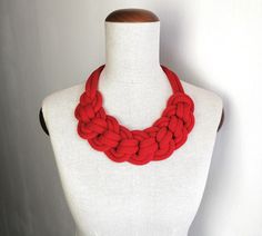 Statement Red Nechlace, Christmas Red Chunky Necklace, Bright Chunky Red Necklace, Red Chunky Textile Jewelry, Bold Red Woven Necklace, Braided Cord Jewelry, Bib Statement Necklace, Textile Light Jewelry, Rope Jewelry, Fibre Jewelry, Colored Cord Necklace for Women.    Colorful, Light, Soft and Cool... Perfect for make your outfit more exciting! AVAILABLE IN 37 COLORS   & 4 SIZES CREATED AND MADE  IN SWEDEN BY ME. This model is color: "LIPSTICK RED" To this necklace model I gave the name of "MAR Red Christmas Party Necklaces, Handmade Red Necklace For Christmas, Red Necklace For Christmas Gift, Red Christmas Necklaces Perfect For Gifting, Red Christmas Necklace Gift, Jewelry Rope, Margot Fonteyn, Necklace Model, Textile Necklace