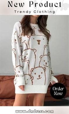 Adorable Animal Print Round Neck Loose Knit Pullover Sweeter Sweater Cute Crew Neck Knit Sweater, Cute Acrylic Crew Neck Sweater, Cute Long Sleeve Knitted Top, White Crew Neck Sweater Dress For Winter, Cute Textured Knit Sweater For Winter, Cute Textured Knit Winter Sweater, Cute Long Sleeve Soft Knit Sweater, Cozy Long Sleeve Knitted Tops, Cute Knit Long Sleeve Sweater