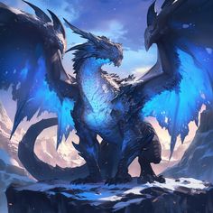 a large blue dragon sitting on top of a mountain