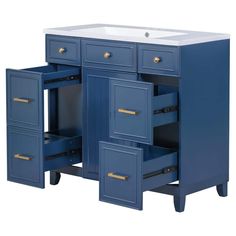 a bathroom vanity with two drawers and a sink in blue, white and gold paint