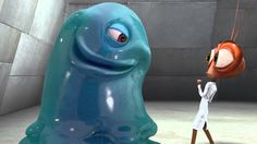 an animated character holding onto a balloon in front of a giant creature with eyes and nose