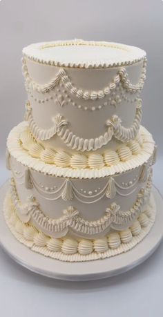 a three tiered cake on a white plate