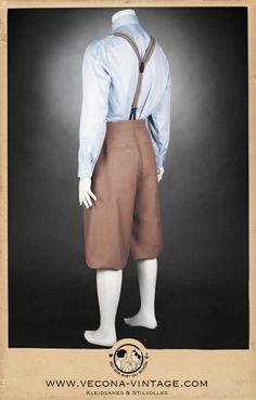 "As time goes by ... However times are changing these plus-fours knickerbocker trousers with high waistband and buttons for your suspenders provide for a classic look without ifs, ands and buts - except you forget the matching vest. Two angled pockets and a welt pocket at the back give enough room for passport, boarding tickets and if necessary 10000 francs, too. The high quality linen blend is easy to clean and gives this elegant pants an ideal look and feel. In case you visit an american cafe High Waist Cotton Bottoms With Suspenders, Vintage Brown Bottoms With Buttons, Retro Brown Bottoms With Buttons, Retro Brown Bottoms With Button Closure, Fitted Vintage Brown Belts And Suspenders, 40s Blouse, American Cafe, Elegant Pants, Nerd Chic